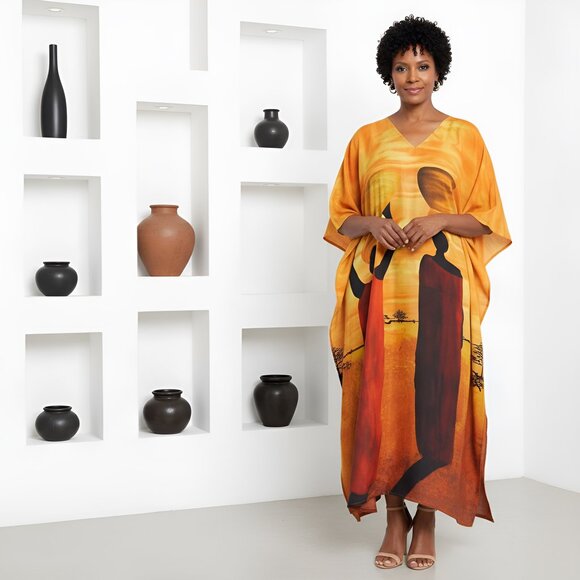 Gypsie Blu Yellow Lady Tribal Long Caftans Dress Kimono Sleeve for Evening Wear - Picture 1 of 8